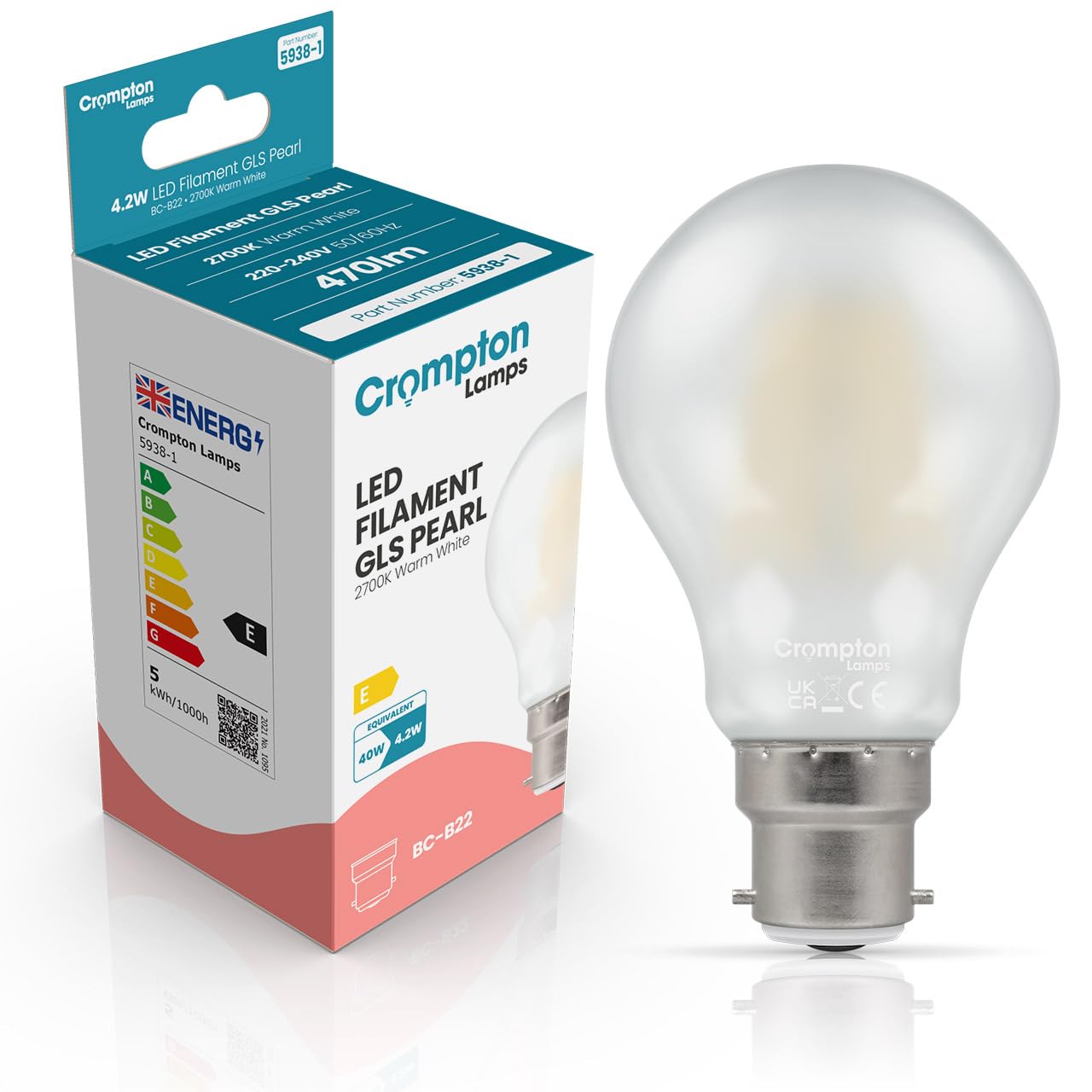 Crompton Lamps Filament GLS LED Light Bulb BC-B22d | 4.2W = 40W Equivalent | Warm White 2700K | Energy Efficient | Bayonet Lightbulb | Long Life 10,000-Hrs | Pearl Glass | Dimmable