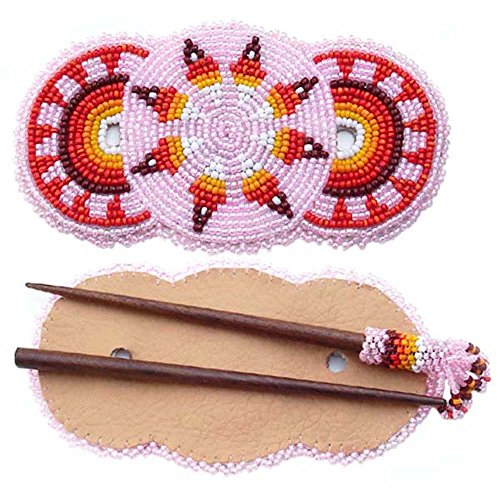 Handmade Beaded Indian Fashion Jewelry Seed Beaded Barrette Wood Stick Slide Pink Star Rosettes Hair Accessories Z40/2