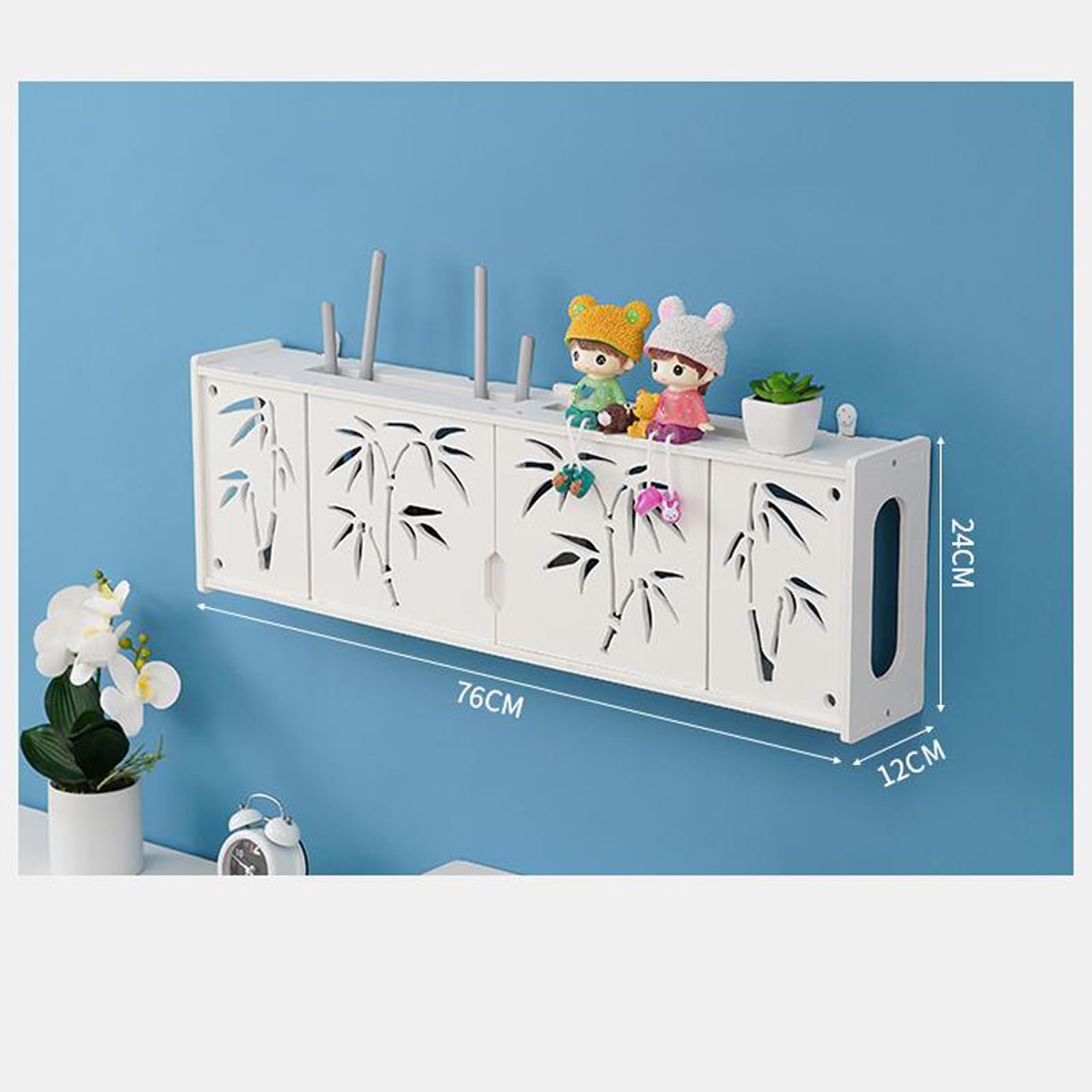 Wand Router Aufbewahrungsbox,Weiß WLAN Box Router Regal,WiFi Router Storage Box,Holz-Kunststoff-Plattenmaterial,Design im Türstil,mehrere hohle Kabelöffnungen,geeignet für den Heimgebrauch