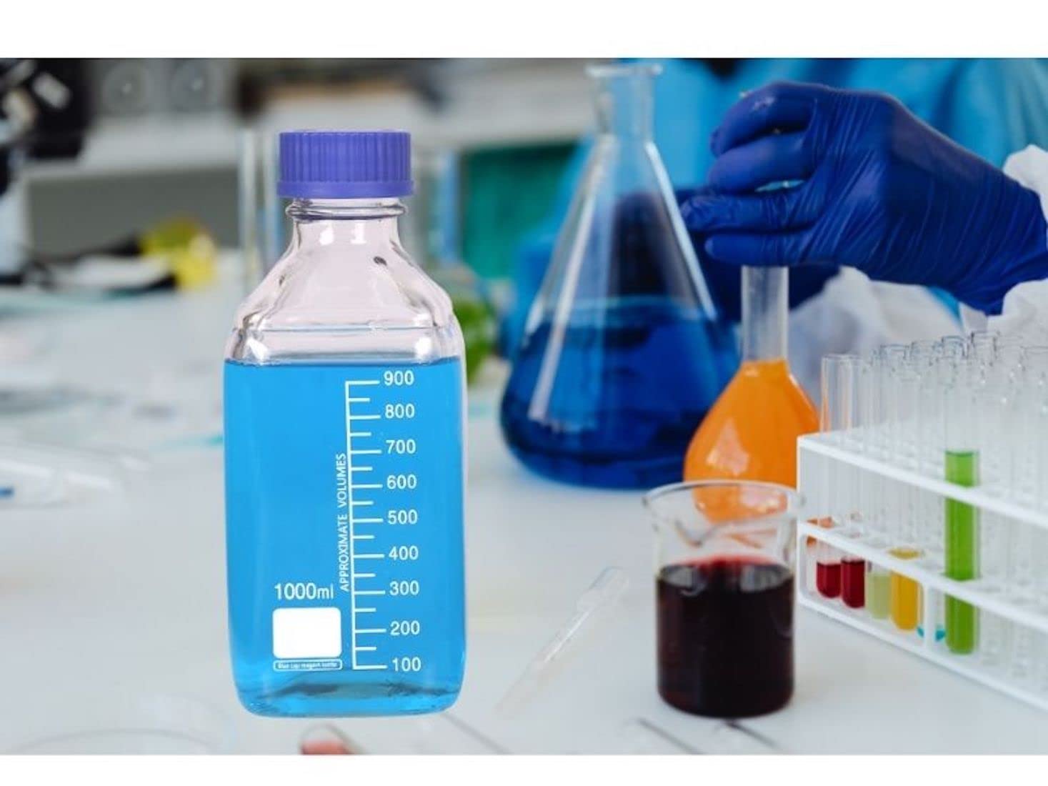 Lab Media Storage - Botellas cuadradas de vidrio graduado GL45, tapa de rosca a prueba de fugas, multiusos para científicos, paquete de 4 (azul, 1000 ml)