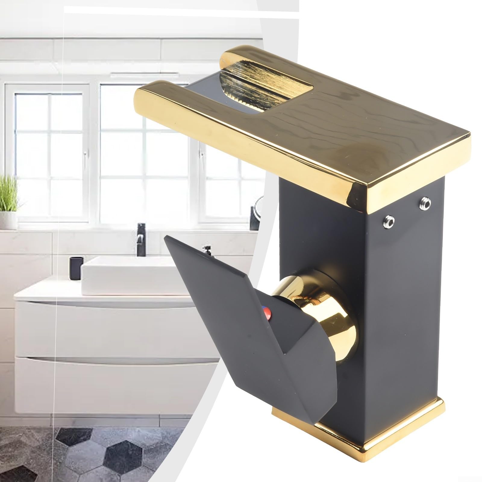 1 robinet mitigeur cascade pour lavabo, robinet mitigeur d'évier de salle de bain, robinet cascade LED, robinet de lavabo, mélangeur froid et chaud (noir + or)