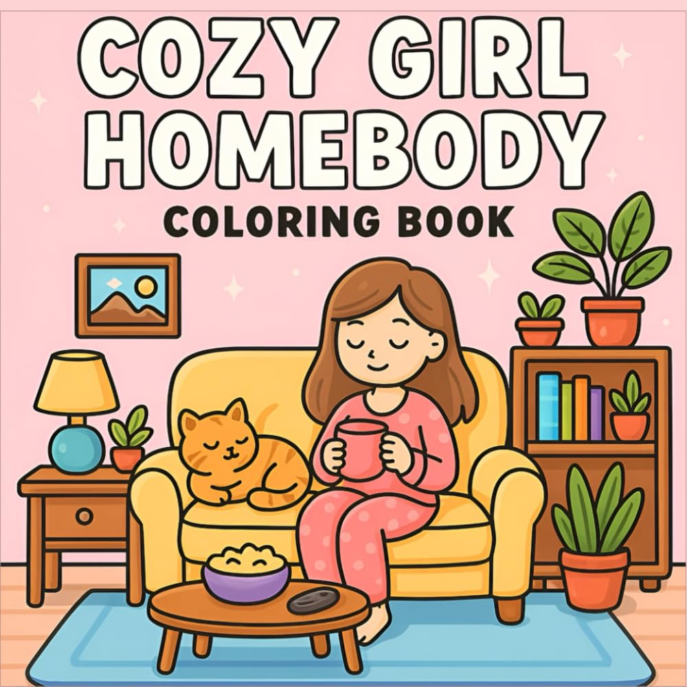 Cozy Girl Homebody: Relaxing Cute Coloring Book for Cozy Girls and Homebodies – Bold And Easy Comfort, Self-Care, Cats, Books, and Hygge Vibes, For Adults And Teens