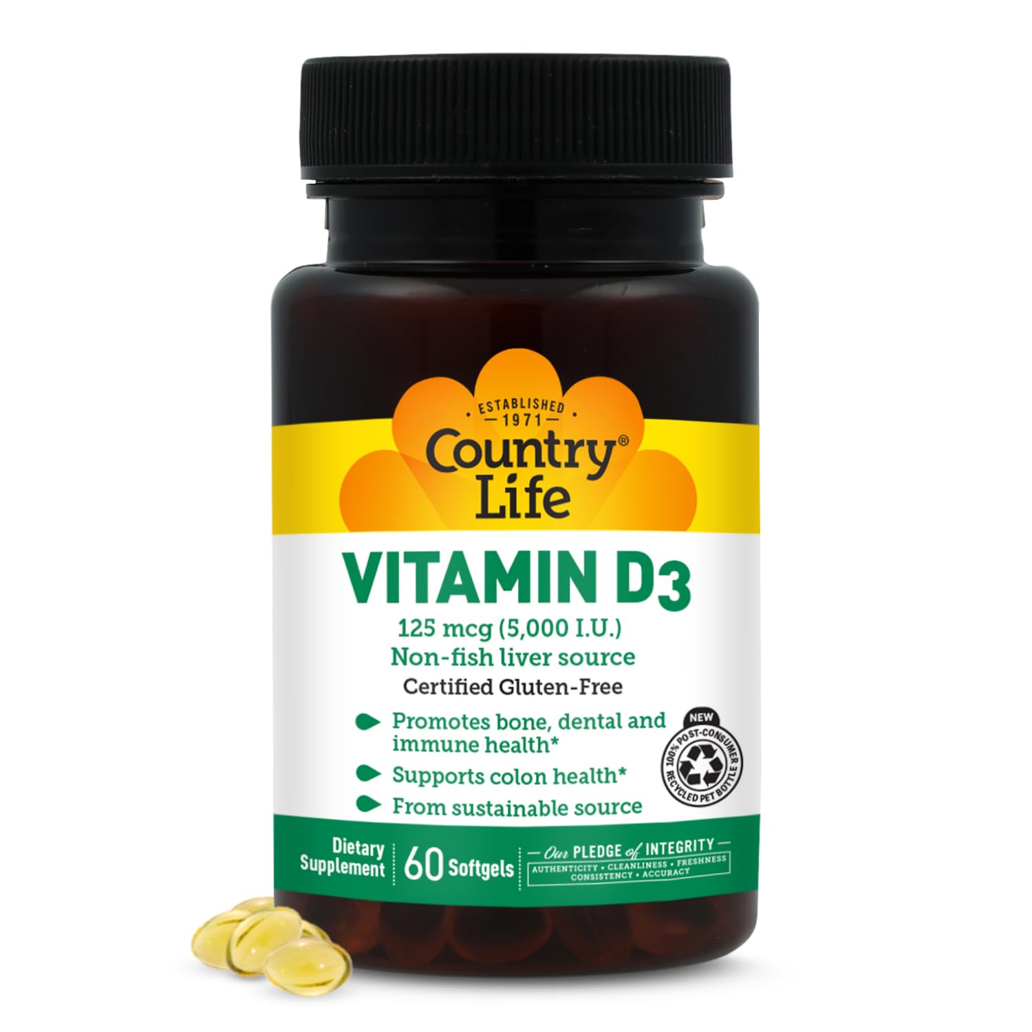 Country Life Vitamin D3 125 mcg 5000 IU, Gluten-Free, 60 Softgels 60 Count (Pack of 1)