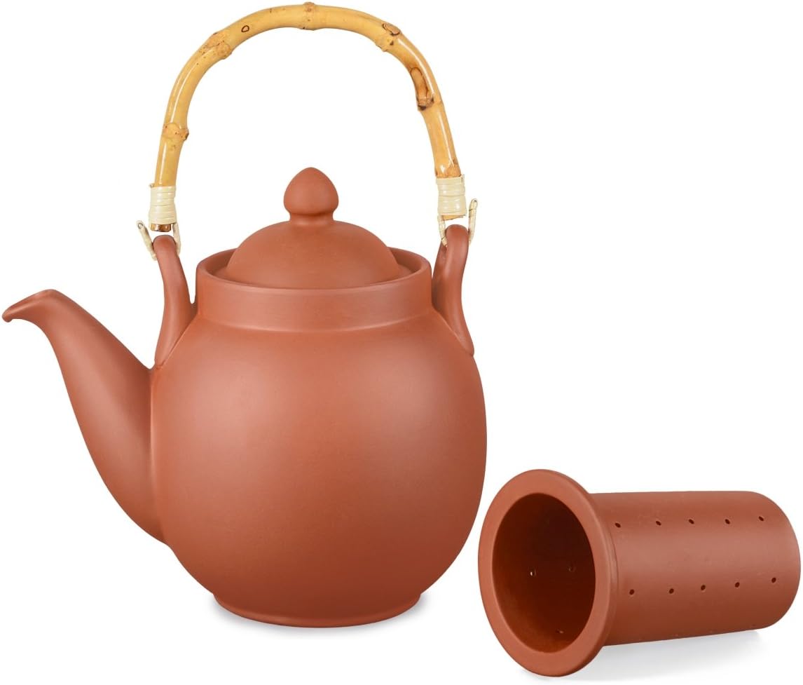Clay Teapot Tenno 1.6 Litres with Clay Strainer and Bamboo Handle Hand-made, original