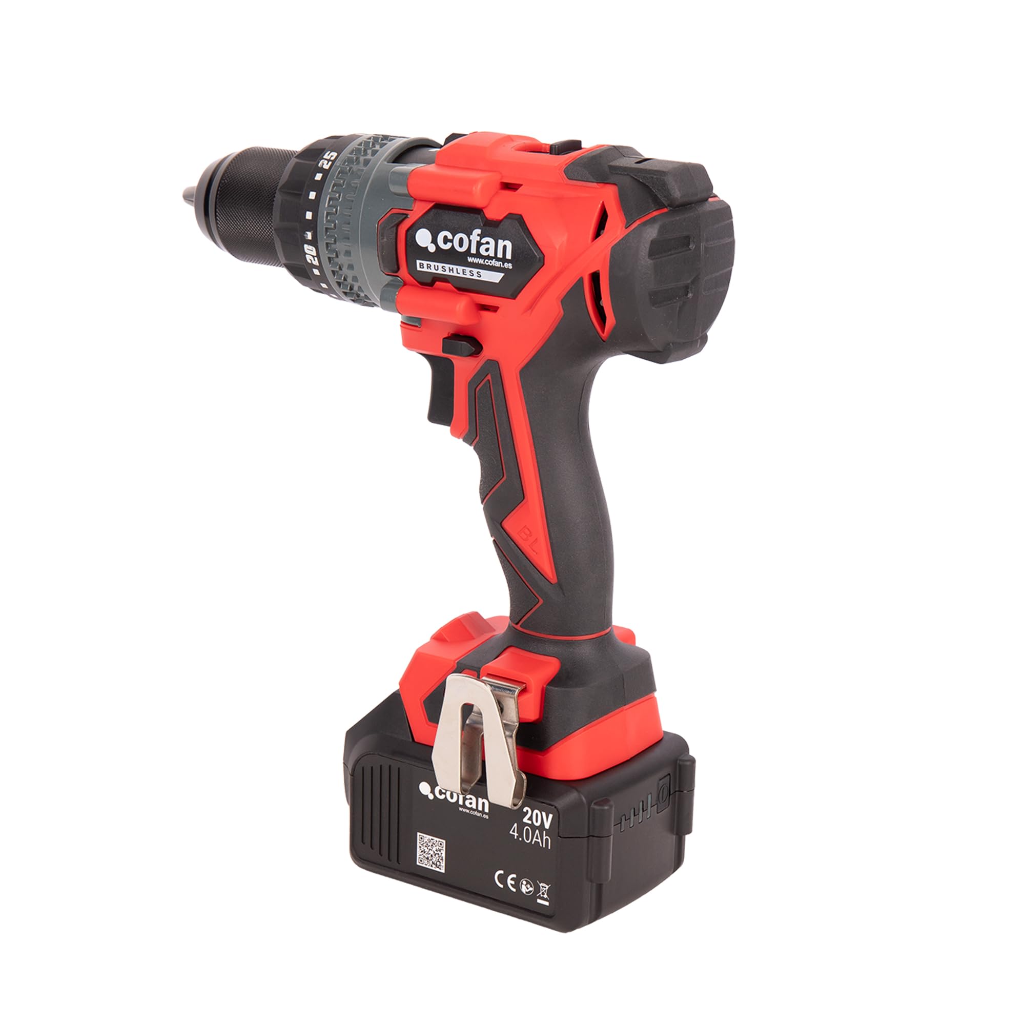 Cofan Taladro percutor a batería | Motor sin escobillas | Potencia: 20 V | Portabrocas 13 mm | 150 Nm, 2000 rpm | 2 velocidades | Percusión 30 000 BPM | Incluye accesorios | Batería y cargador NO INCL