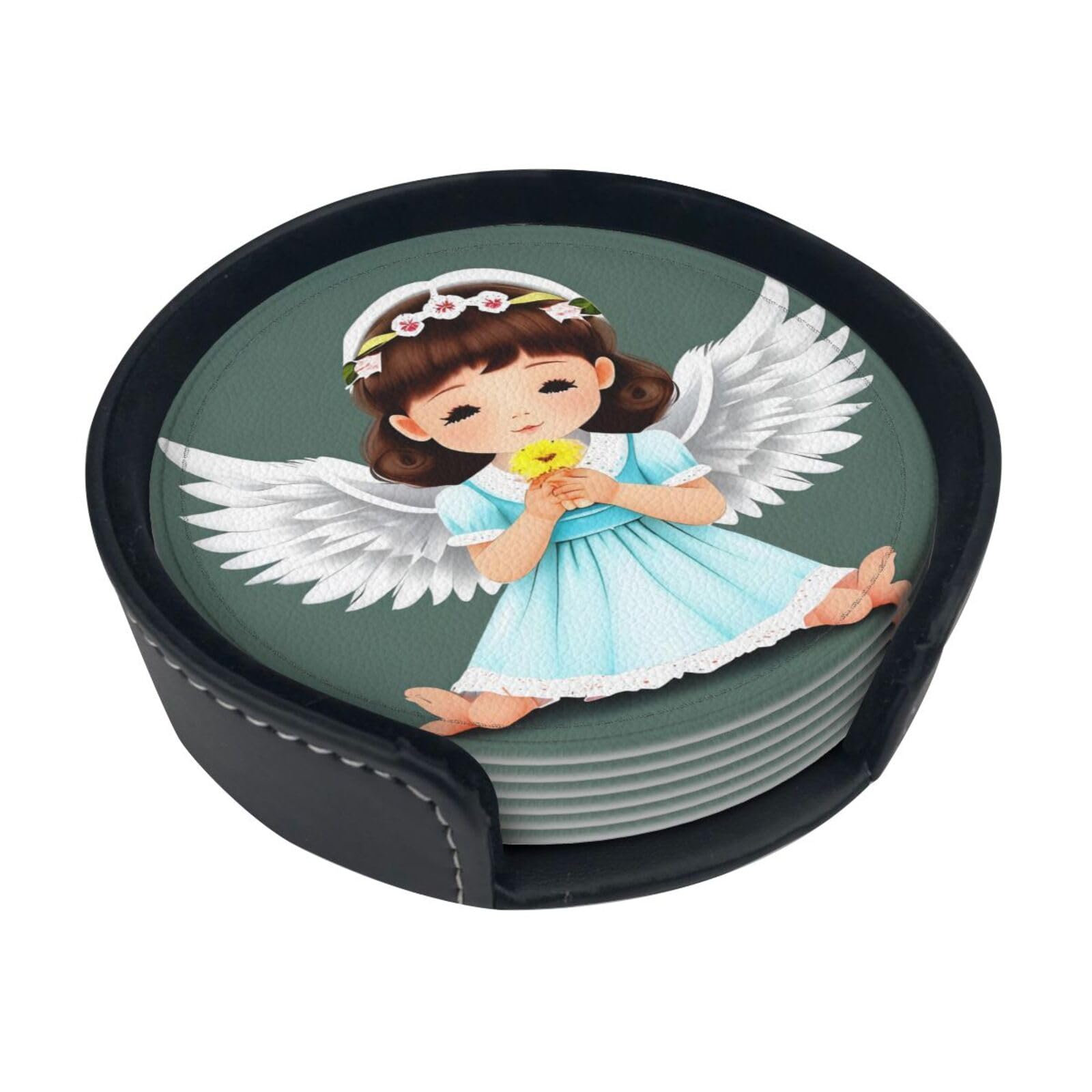 Cute little angel Leather Coasters-Set of 6 with Storage Holder