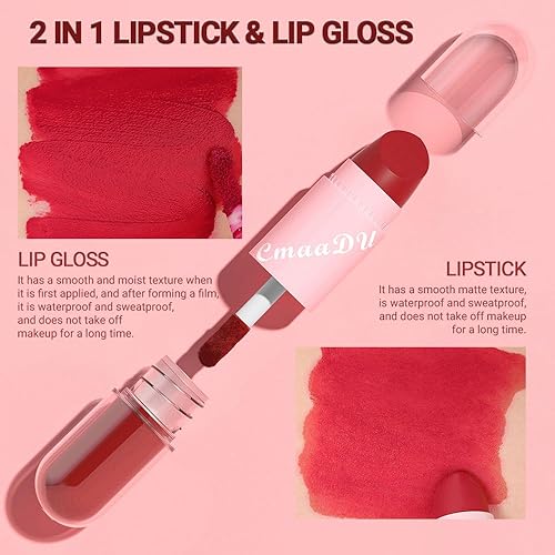 Miniatura 2 de evpct Lápiz labial mate 2 en 1 y larga duración, a prueba de manchas, brillo de labios, juego de 3 piezas para mujer, color rojo rubí oscuro, beige,