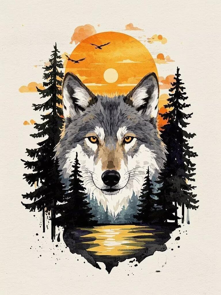 TURGF 5D Wolf Diamond Painting, 20x20 inch Round Full Drill Diamond Art Kit for Adult Beginners, DIY Setting Sun Round Full Drill Diamond Painting Gem Art for Home Wall Decor Gift.