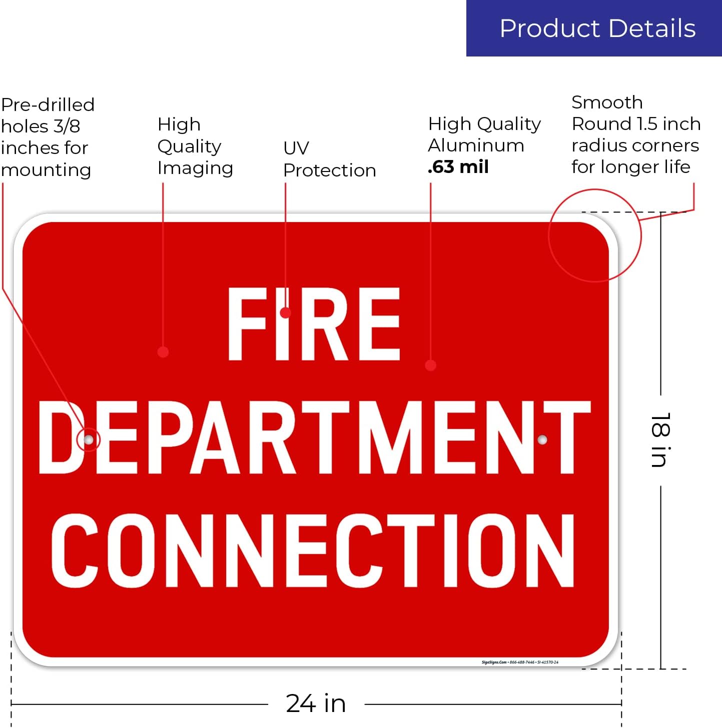 Fire Department Connection Sign, Red Background, 18x24 Inches, Rust Free .063 Aluminum, Fade Resistant, Made in USA