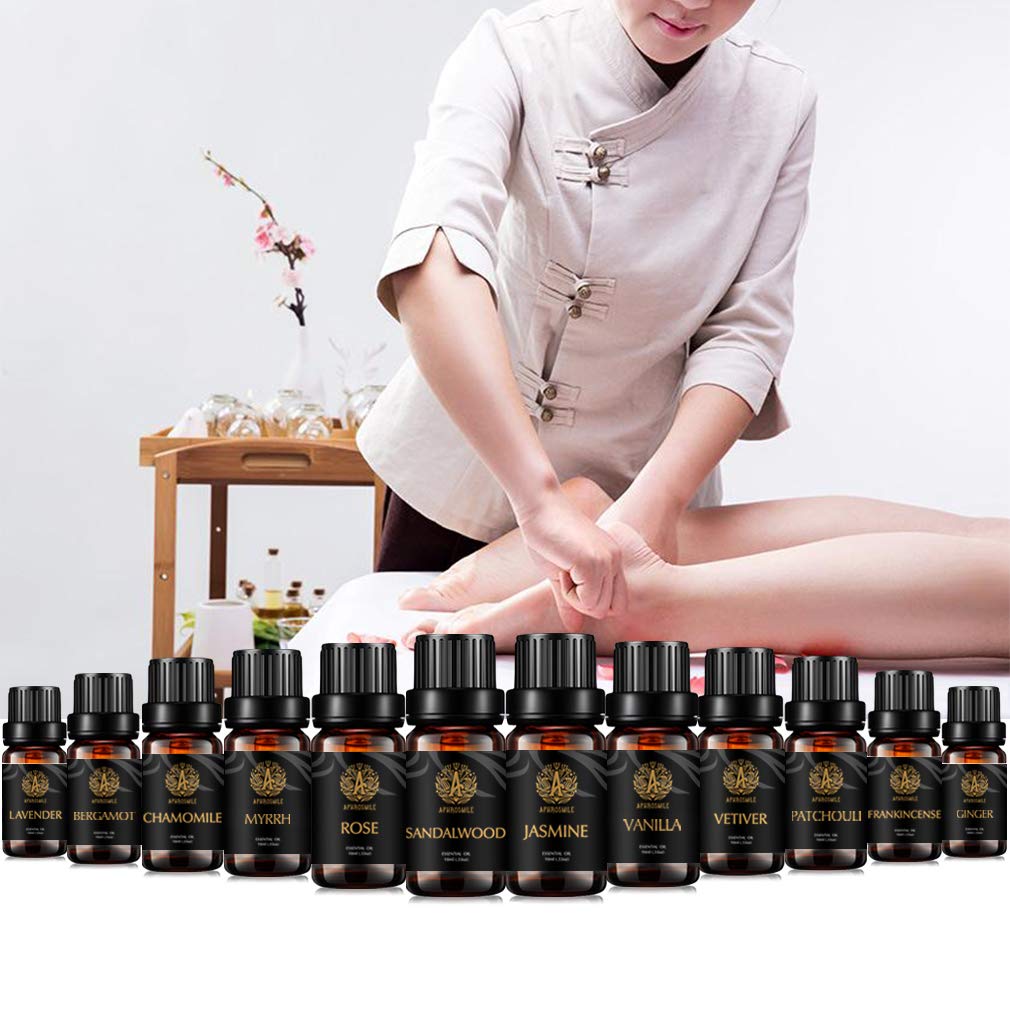Aromatherapie Vanille ätherisches Öl Set für Diffusor- Rose,Jasmin, Sandelholz, Patchouli Öle..., 100% pure Vetiver ätherische Öle Set, 12x10ml Myrrhe ätherisches Öl Kit für Hause