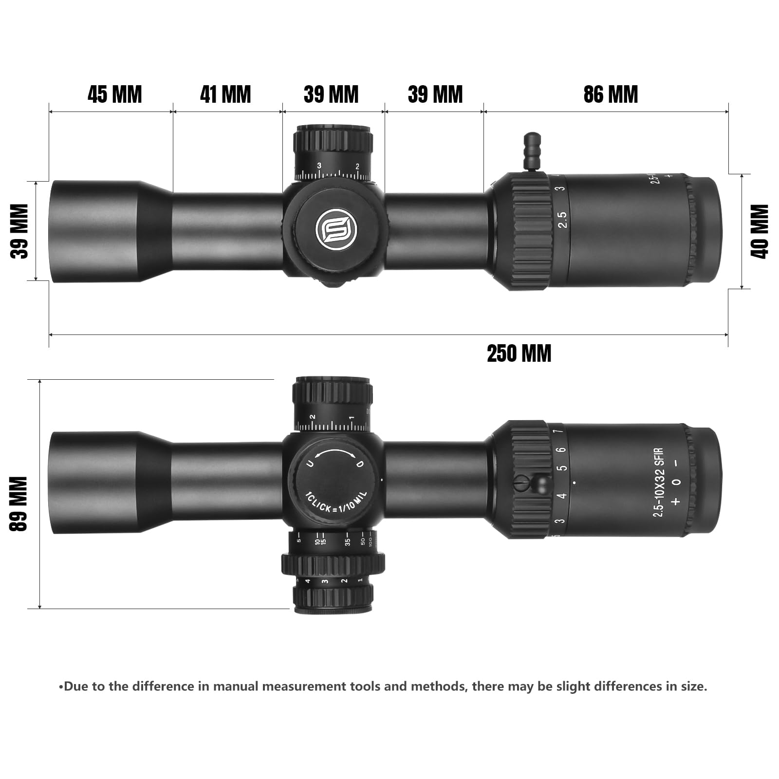 SPINA OPTICS Lunette de visée 2.5-10x32 SFP Lunette Chasse avec éclairage mil Dot Reticle, Tube de 30 mm deuxième Plan Focal avec Support annulaire de 20 mm