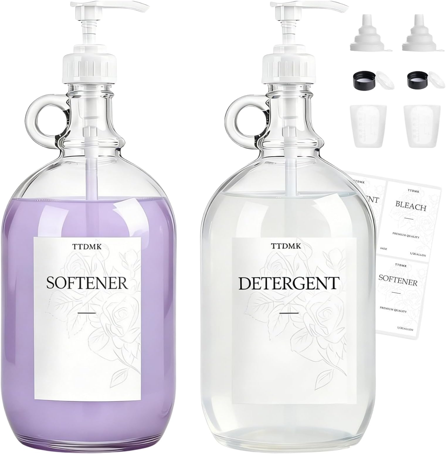 2 Pcs Glass Liquid Laundry Detergent Dispenser, Half Gallon Laundry Soap Dispenser for Laundry Room (64 oz. Each), Laundry Detergent Bottles with Pump Dispenser -Includes Labels, Funnel, Measuring Cup
