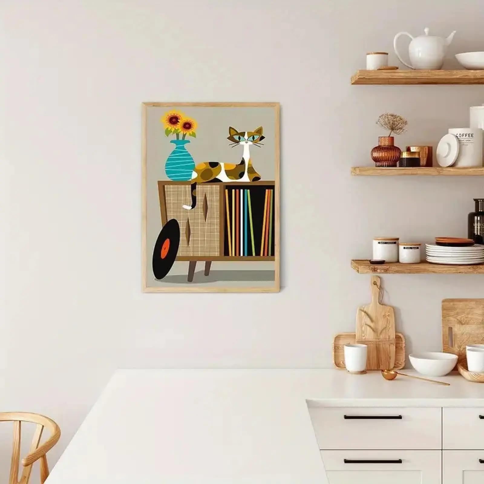 TONGYINLI Elegancki kot na płótnie druk na płótnie, stary gramofon płyta winylowa retro design plakat ścienny salon dekoracja domu miłośnik kotów ramka 70 x 110 cm