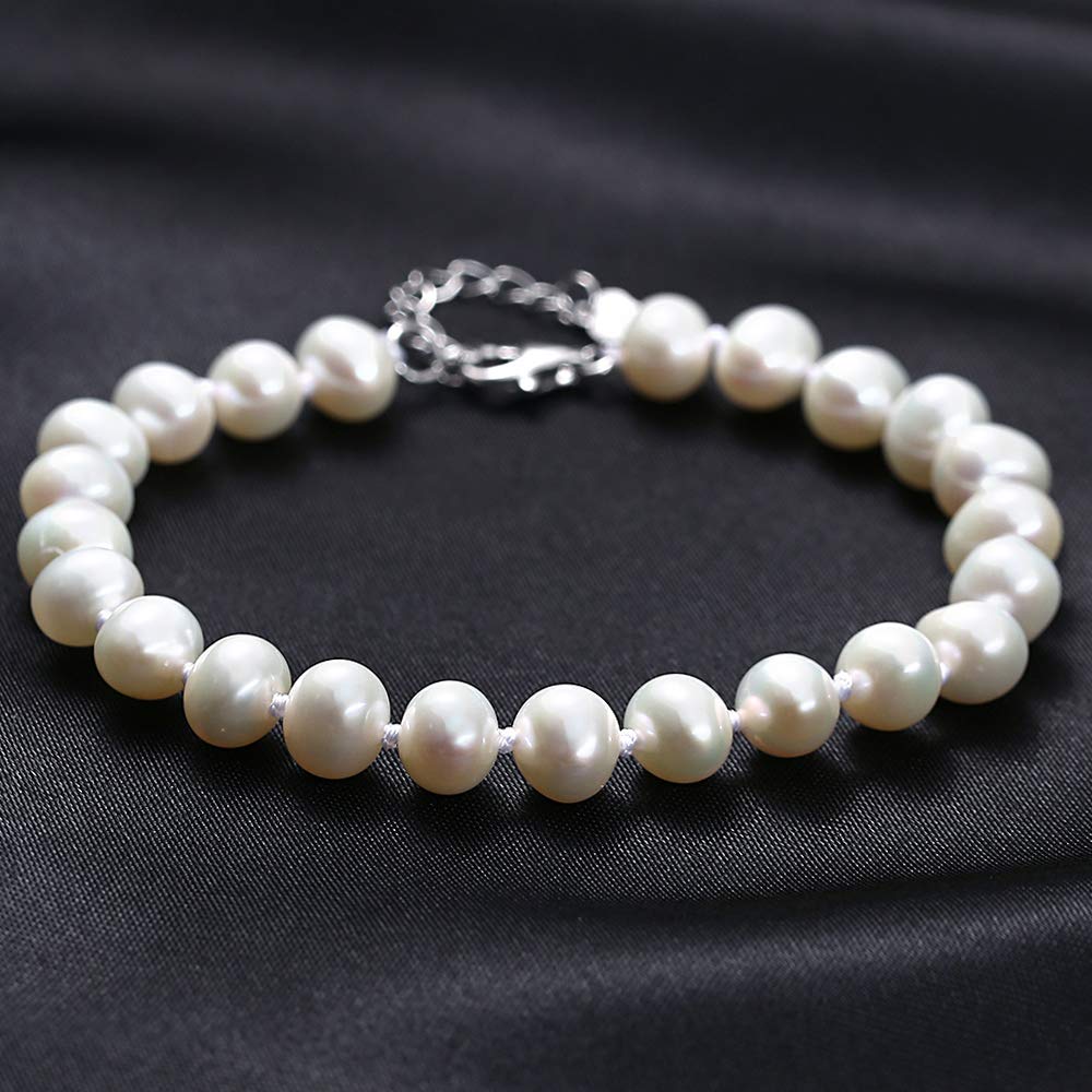 VIKI LYNN Perlenarmband Damen Hochwertige AAA Süßwasser-Zuchtperlen in ca. 7-8 mm Oval weiß 925 Sterling Silber Damen-Armband in Länge in ca. 17 +3.5 cm