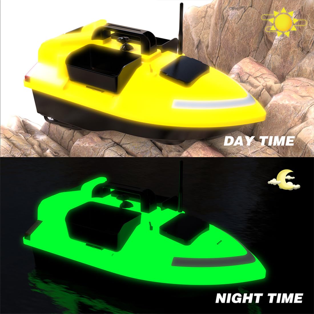 Barco de Cebo RC con GPS para Pesca de Carpas, V020, 74 V, 5200 mAh, 500 m, Control Remoto, Cebo, Carga de 3 kg, 40 Puntos GPS, 3 Compartimentos y Luces LED, Ideal para Lagos.