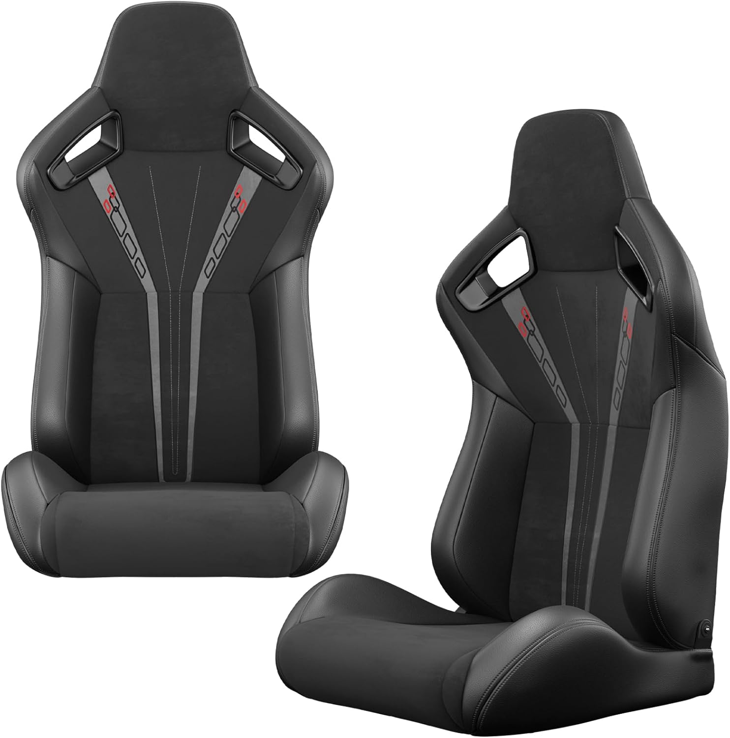 2 Pcs Universal Racing Seats with Dual Lock Sliders, Reclinable Bucket Seats for Cars, Suede Fabric (Black & Grey)