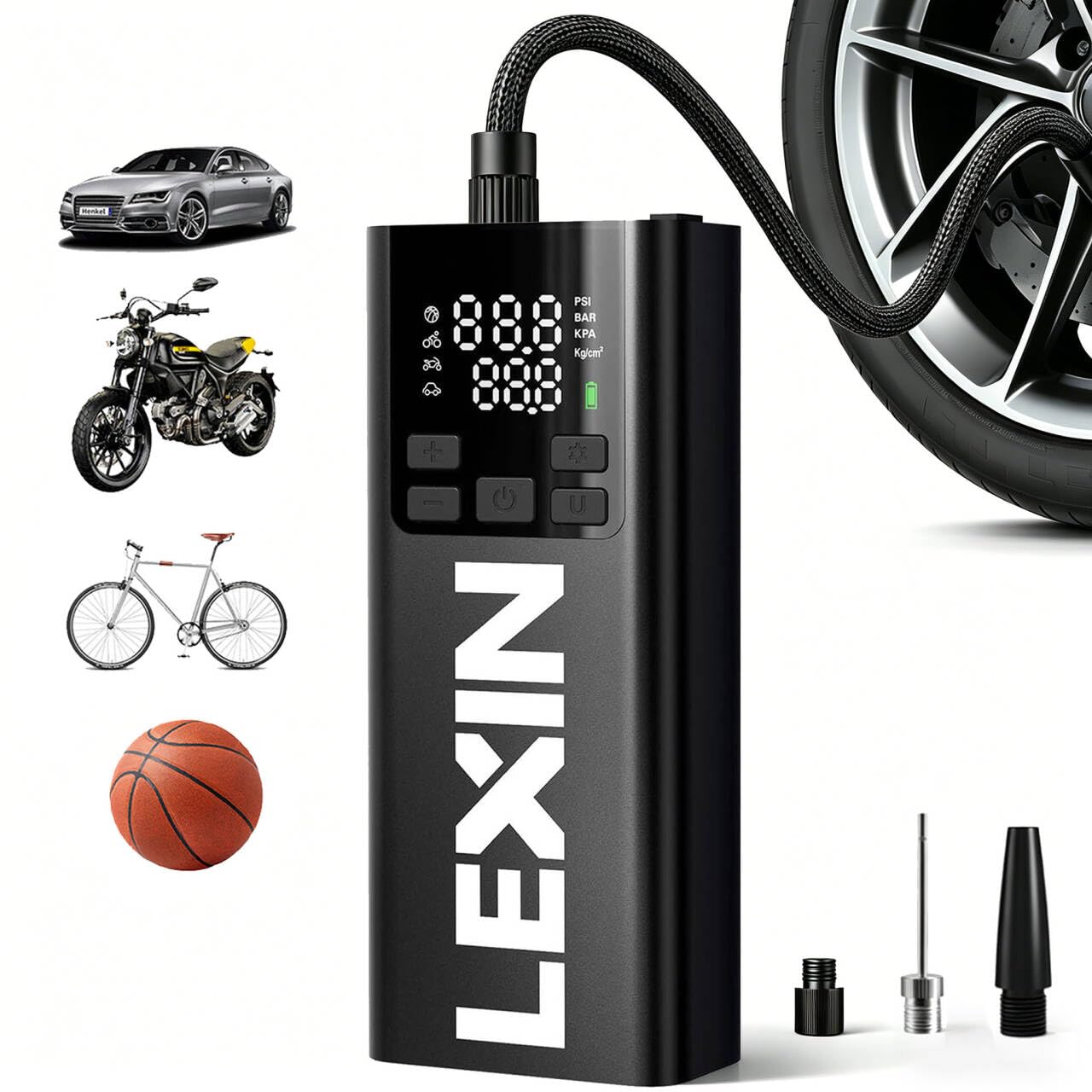LEXIN Compressore Aria Portatile P5, 5000mAh Compressore Aria Portatile Auto, Fino a 150PSI, 5 Modalità di Gonfiaggio, Luce Led Integrata, Porta Type-C, per Auto/Bici/Moto/Scooter/Pallone, Nero