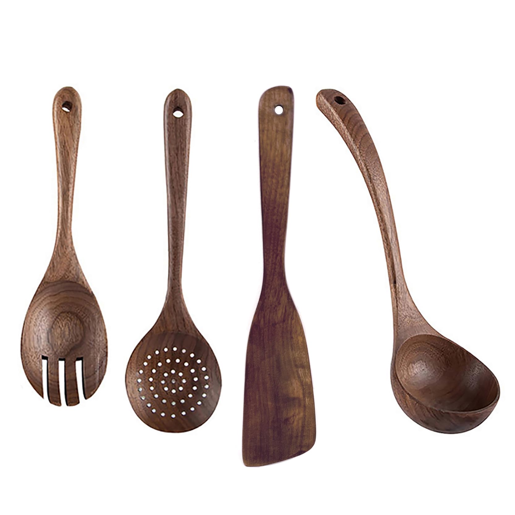 UPTALY 4 pcs Wooden Kitchen Utensils Set (C4), Natural Black Walnut Spoons, Thickened Ladle, Wood Slotted Spatula Turner, Extra Long Mixing Spoon, Scraper