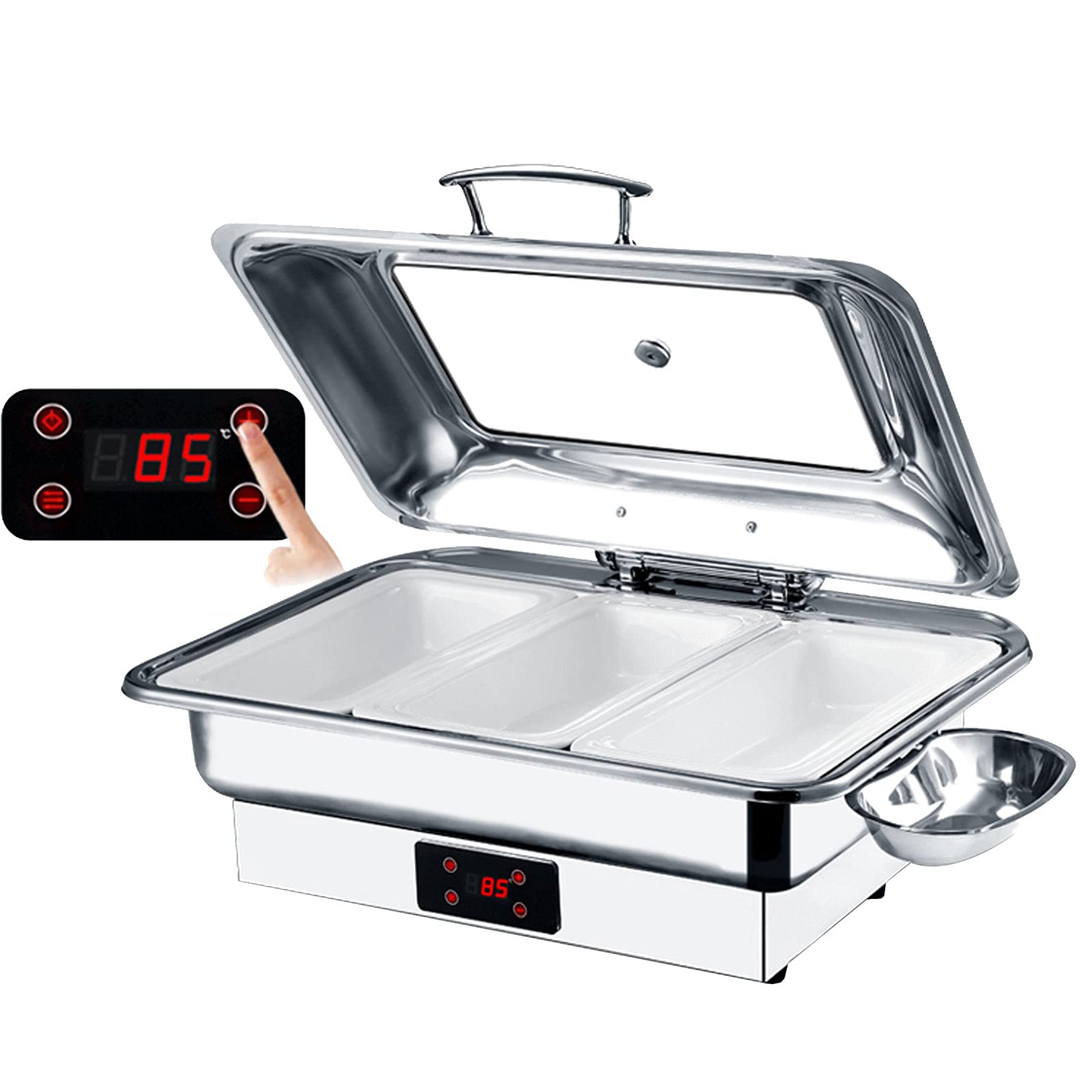 Chauffe-aliments électrique 9 L avec couvercle visuel, température réglable de 30 ℃ à 90 ℃, plateau en acier inoxydable et céramique pour la restauration et les événements
