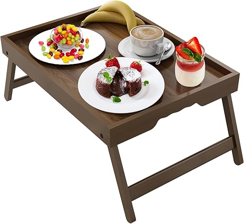 Miniatura 13 de Artmeer Bandeja de cama con patas plegables, desayuno de bambú en la cama para mesa de TV, bandeja de computadora portátil, comer, bandeja