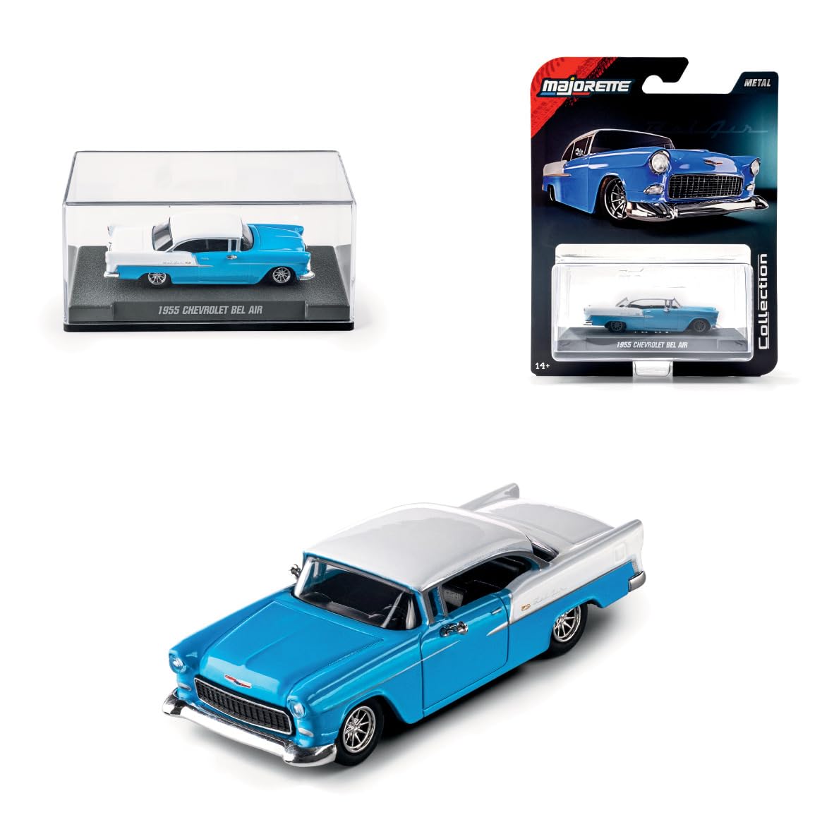 Majorette Collection 1955 Chevrolet Bel Air, Blue and White Metal Car, 1:64 Scale, Rubber Wheels, Clear Headlights, Screw Display, Collector's Special, 14 Years (8505001001)