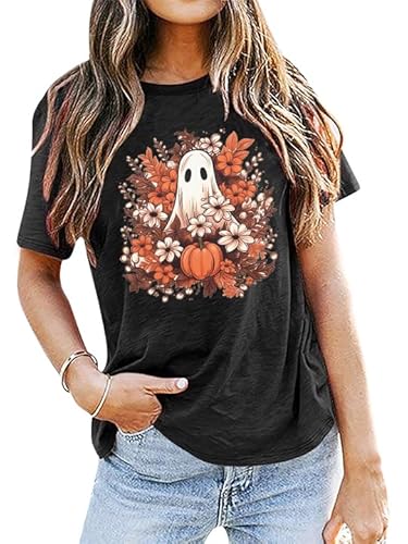 Egelexy Happy Halloween Ghost Tshirt Women Halloween Floral Shirt Cute Autumn Pumpkin Graphic Tees Flower Outfits Tops cover