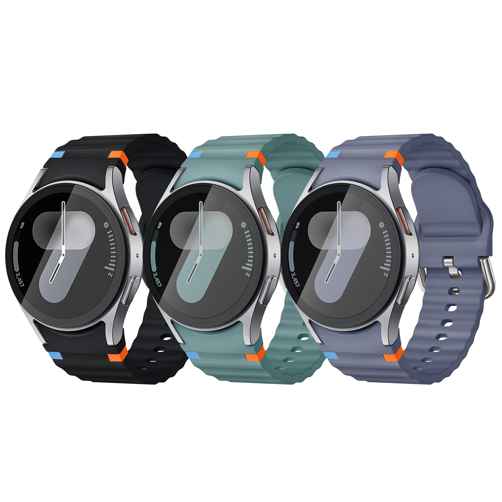 Acextro 3 Pack Sport Band Compatible for Galaxy Watch 7 Bands 44mm 40mm, Samsung Galaxy Watch FE/6/5/4 Classic(40mm-47mm) No Gap Soft Silicone
