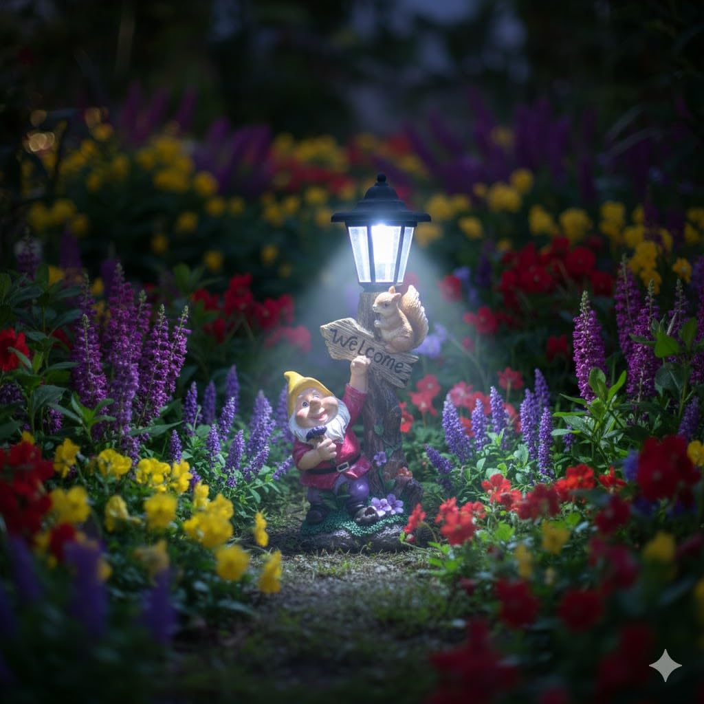 Solar Garden Gnome Outdoor Statue with Solar LED Lampost & Welcome Board Garden Figurine, Funny Solar Light Halloween Decoration for Balcony Garden Patio Yard Lawn (Yellow)