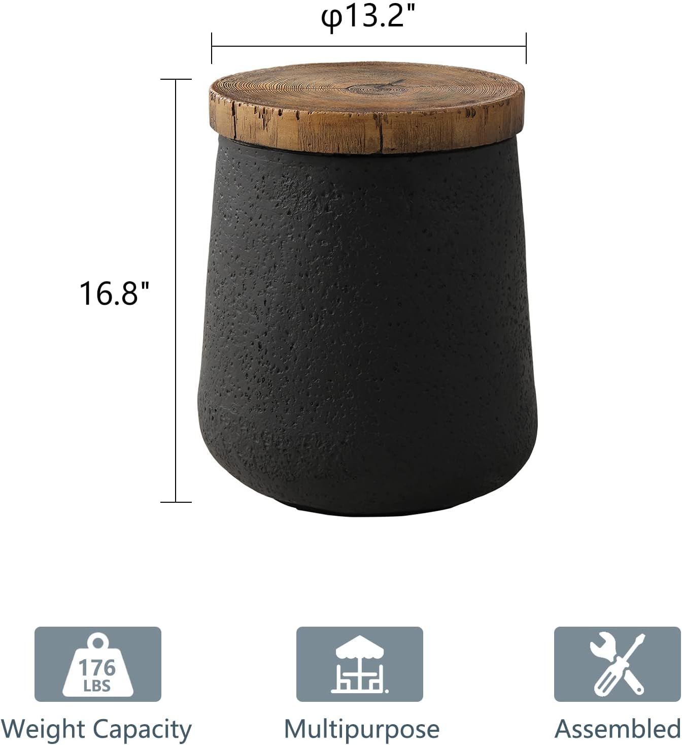 COSIEST Drum End Table Cylinder Shaped Concrete Side Table Faux-Wood Top, Black Outdoor Accent Table with Tree Trunk Slice Hand Painted, Accent Stool