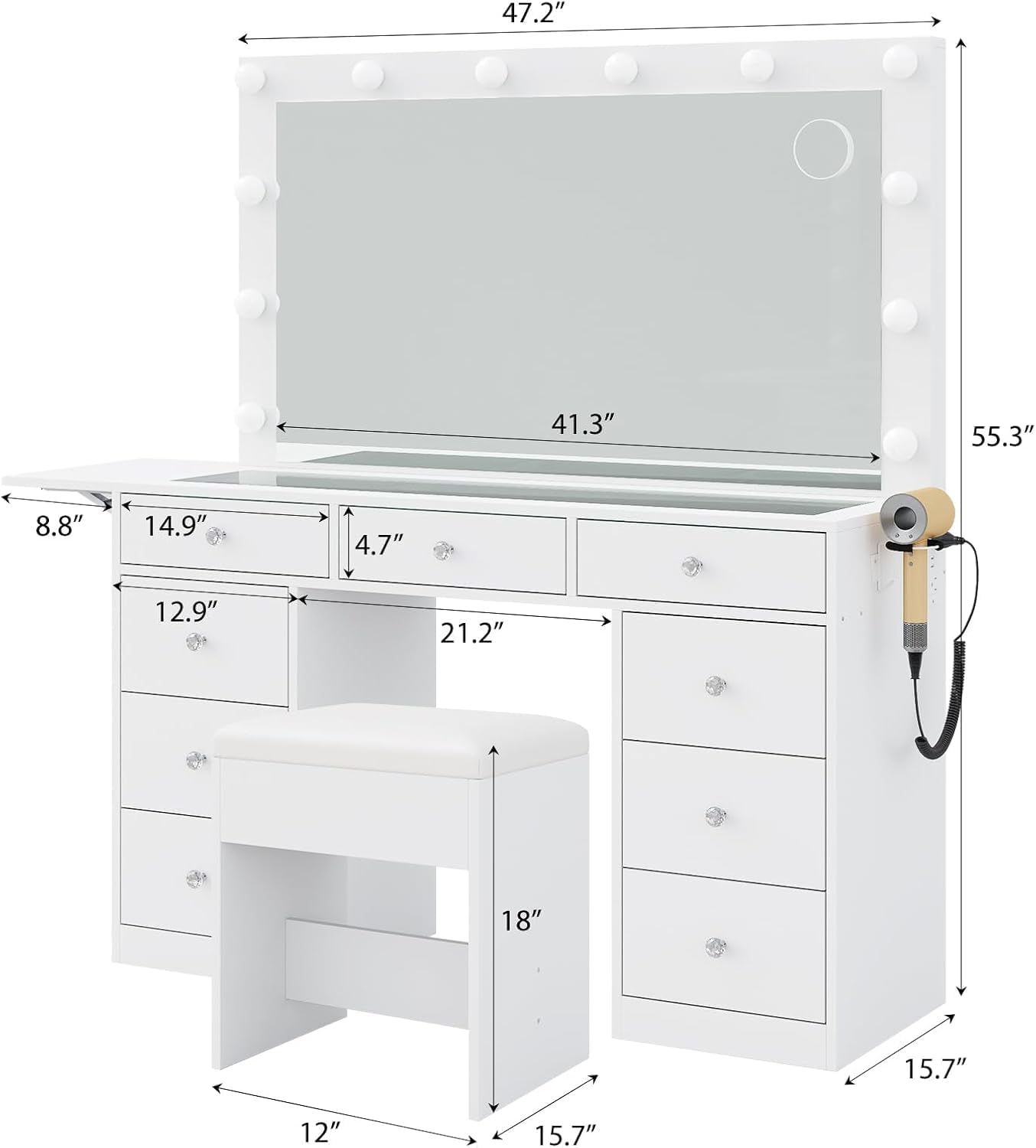 Diagram showing the dimensions of the vanity desk and stool.