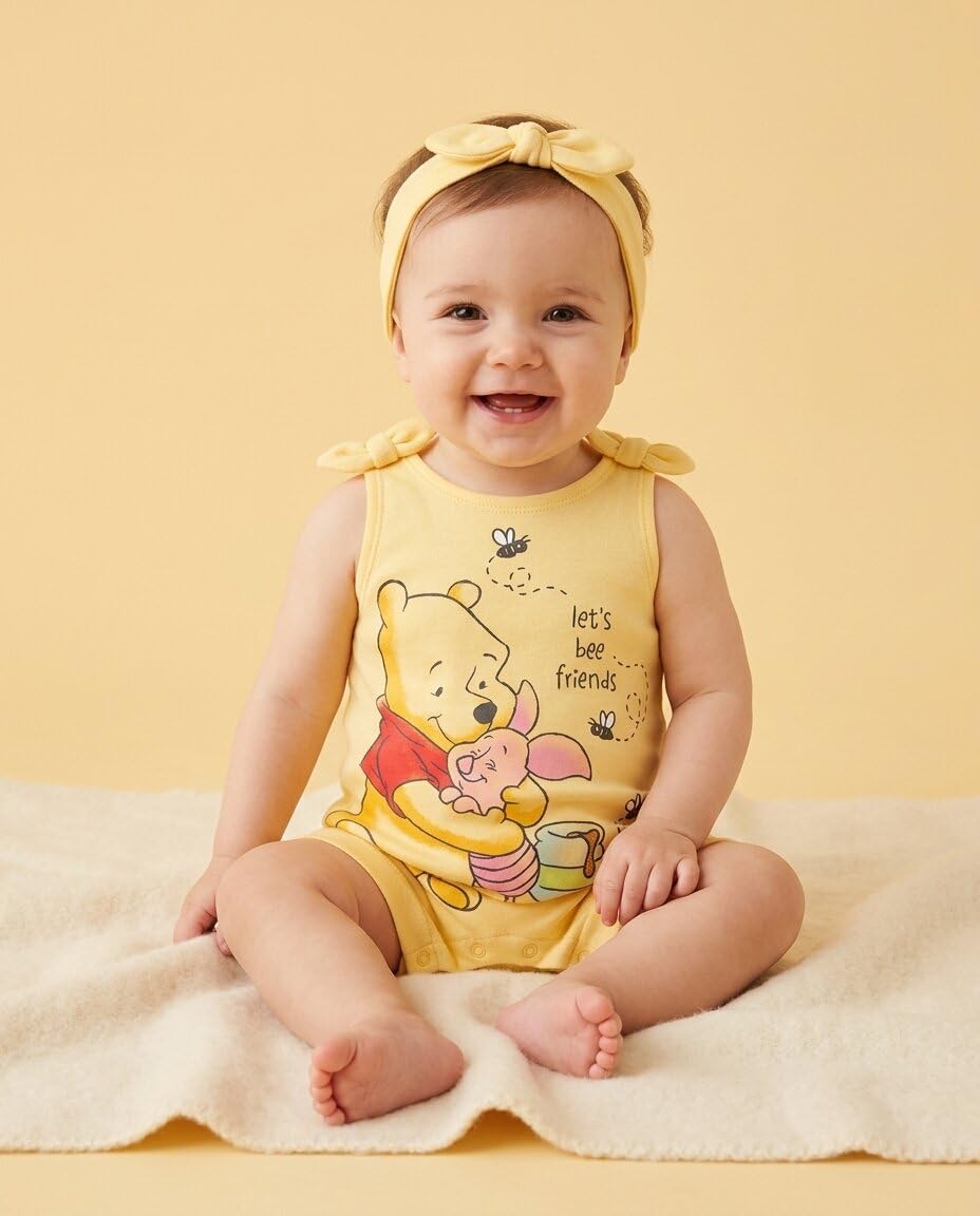 Disney Winnie The Pooh Baby Girls Romper Headband Set Yellow 0-3 Months