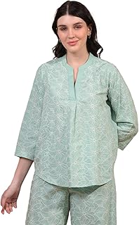 crimsoune club Women's Green Embroidered V-Neck 100% Cotton Top-picture-23