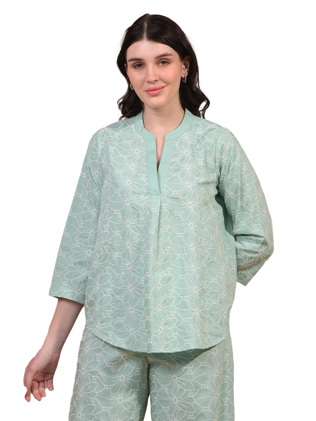 crimsoune club Women's Green Embroidered V-Neck 100% Cotton Top-picture-36