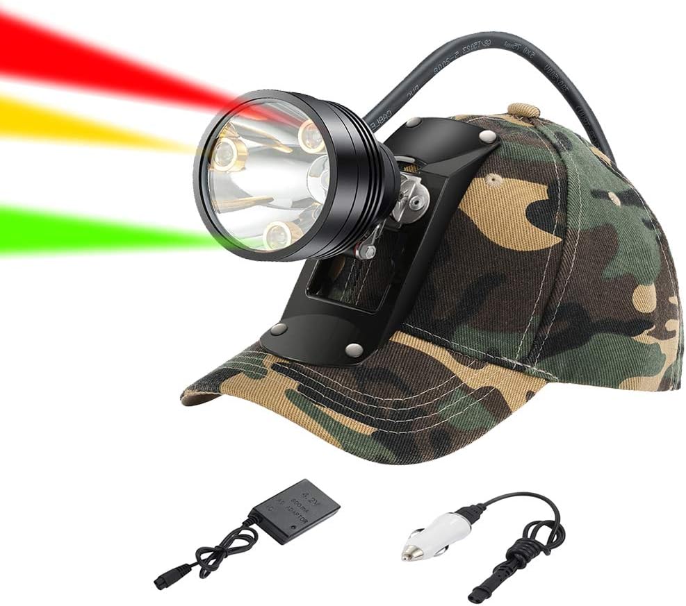 Flash Deals - 70% OFF GearOZ Coon Hunting Lights Headlamp for Coyotes Hog Predators, Rechargeable & Waterproof, 6 Lighting Modes, 4 Powerful LEDs (White Red Green Amber) with Camo Hunting Hat Perfectly for Night Working