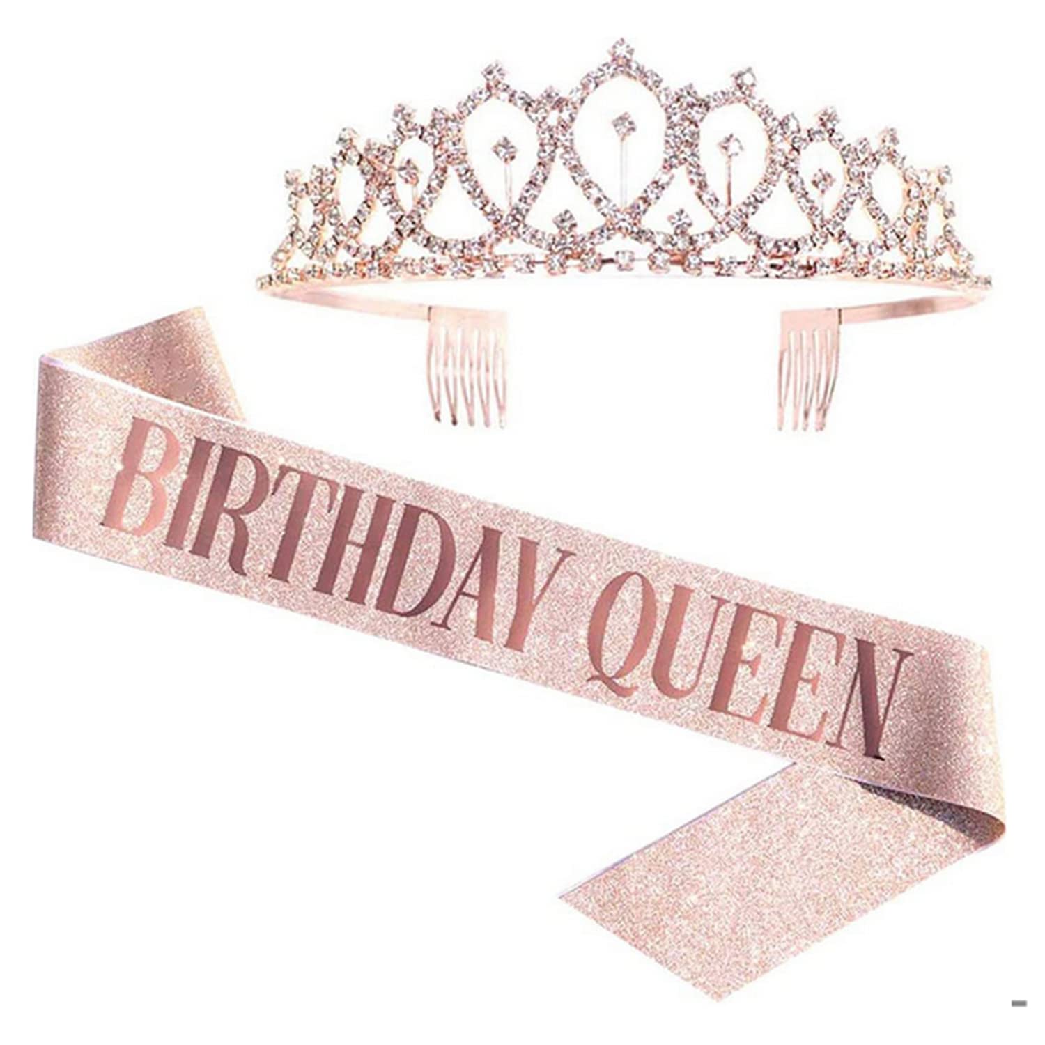 Geburtstag Queen Set – Krone Mit Strass & Pailletten-Gürtel „Birthday Queen“ Für Mädchen & Damen (Roségold)