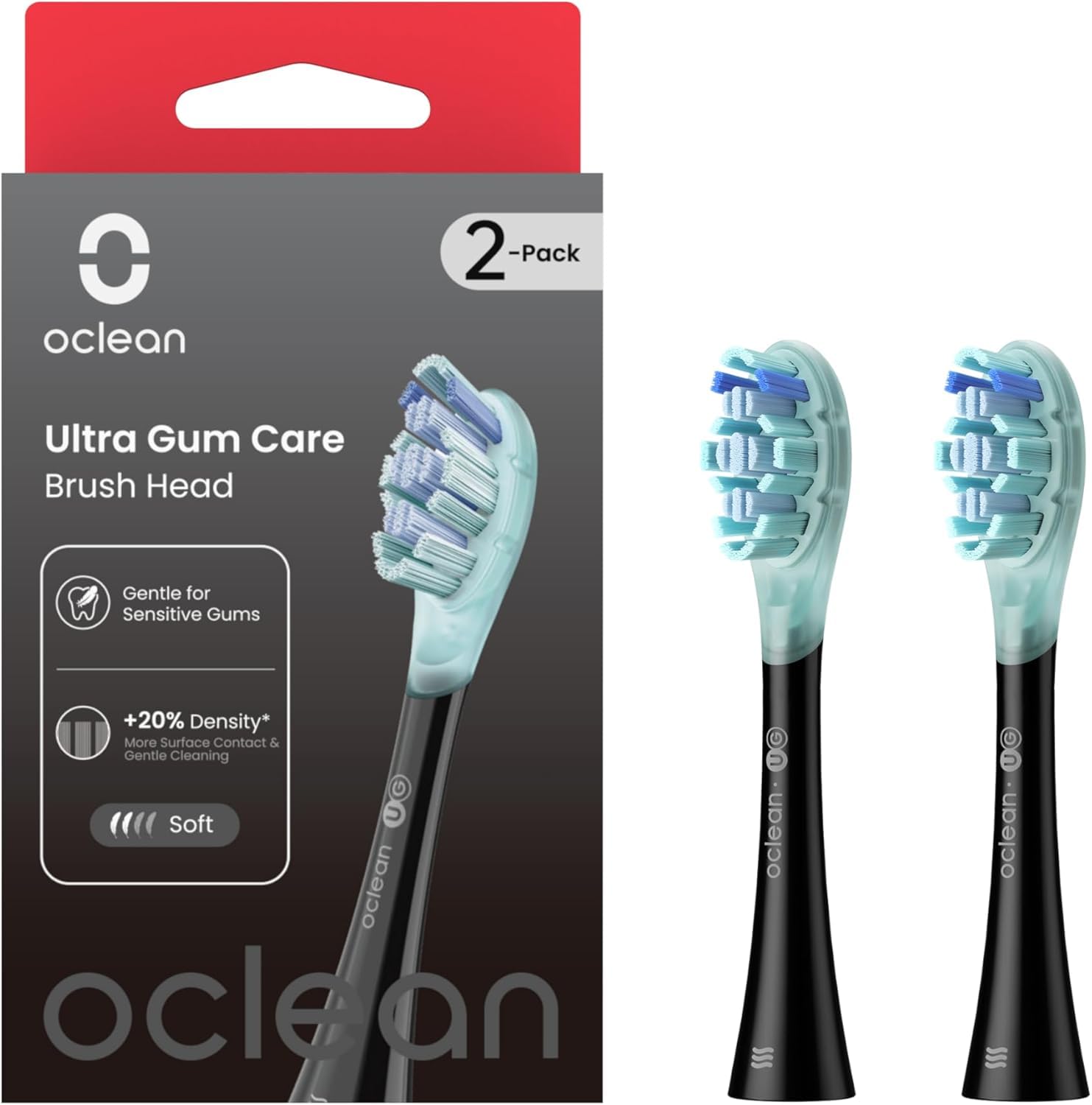 Oclean Replacement Toothbrush Heads, Soft Self-Developed Bristles, 2-Pack, Black, Compatible with All Oclean Adult Electric Toothbrushes (Ultra Gum Care)