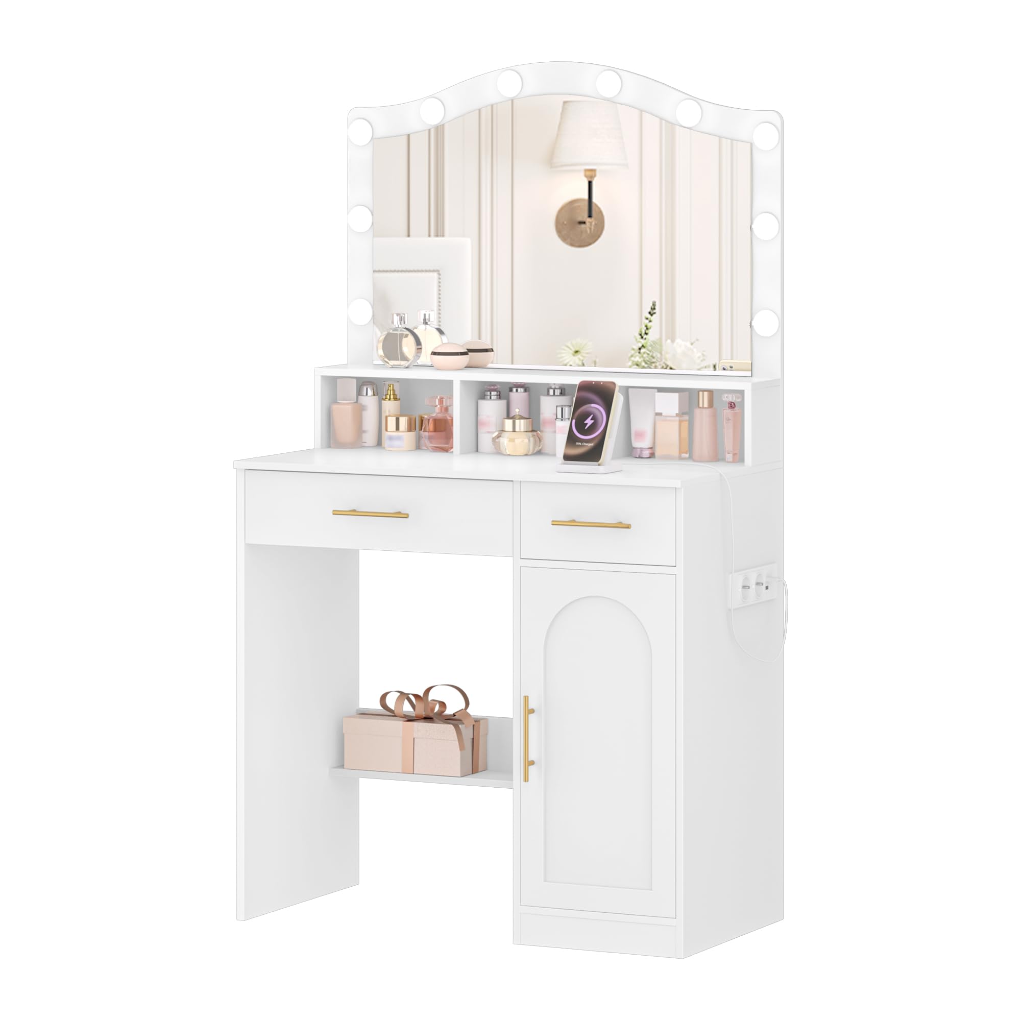 Hzuaneri Vanity, DużE Lustro Hd, 3-Kolorowe Regulowane śWiatłA Led, Ze Stacją łAdująCą, 2 Gniazdami Ac I 2 Portami Usb, 2 Szufladami I 1 Szafką Do Przechowywania, BiałO-ZłOta DT361HDT