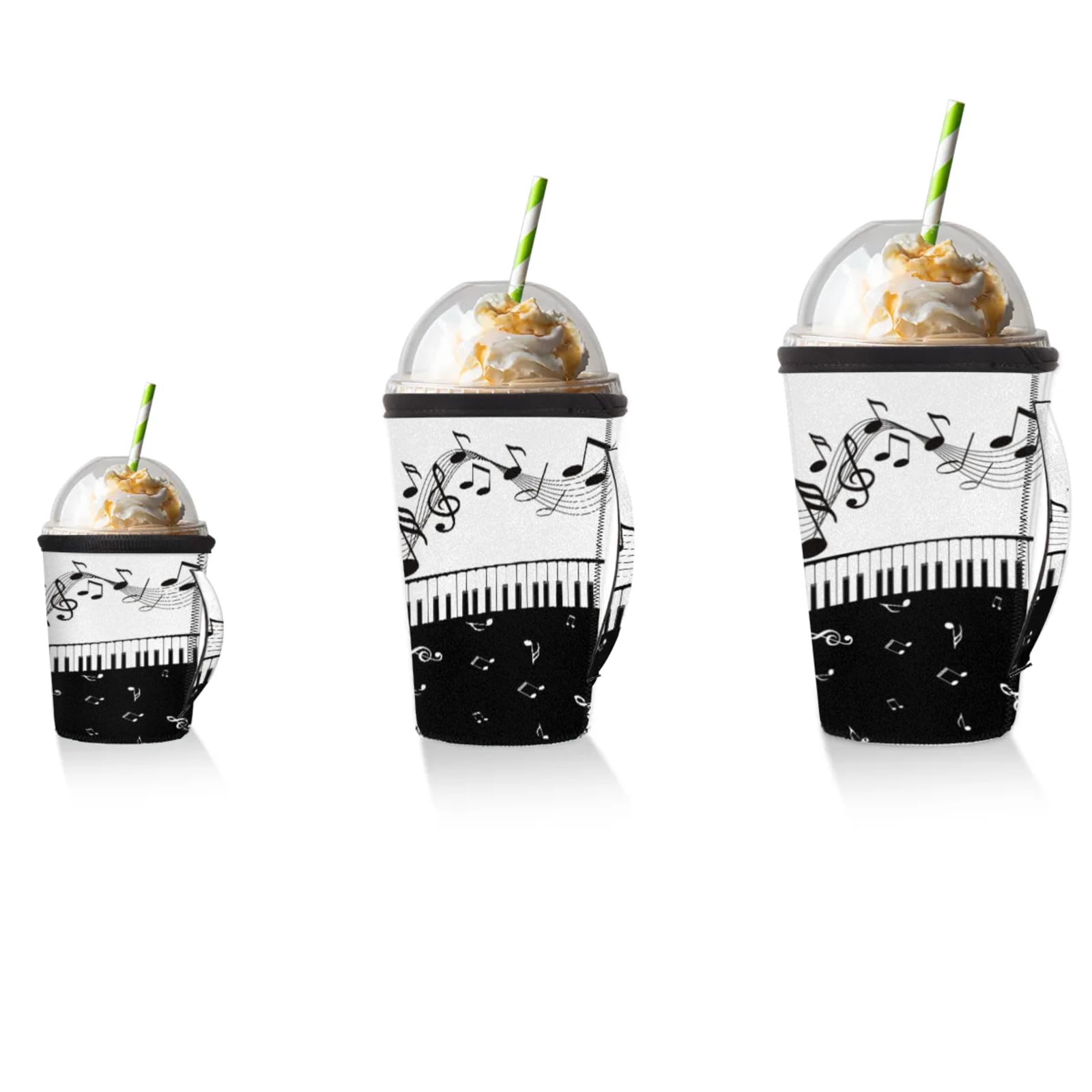 Piano Sheet Music Hand Drawing Reusable Neoprene Coffee Sleeve with Handle Insulated Iced Coffee Cup Holder Reduces Condensation Fits 24-28 oz Cups M