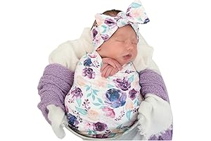Newborn Floral Print Blanket Baby Swaddle Blanket Wrap Set with Matching Headband and Beanie