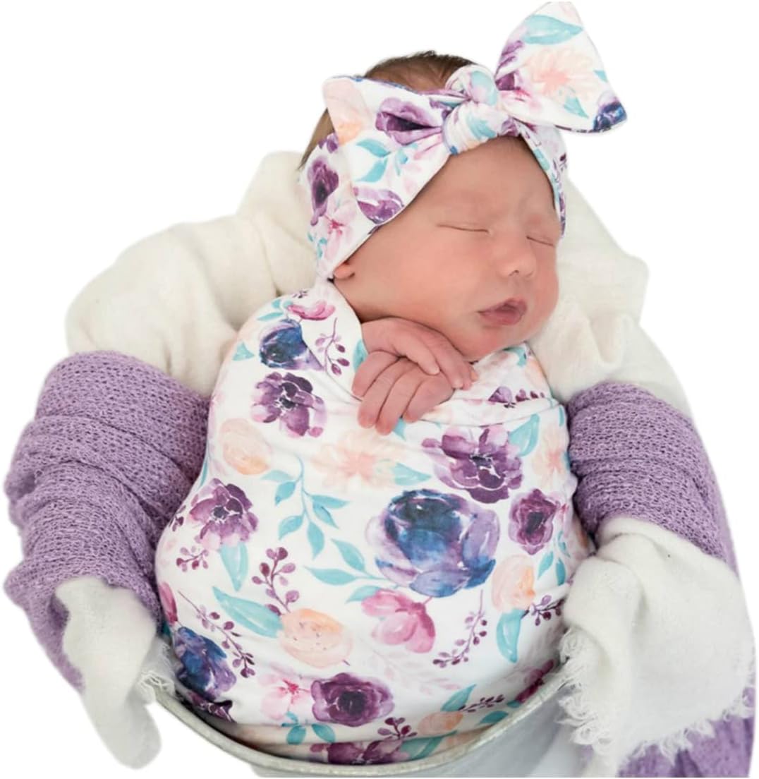 Terriboo Newborn Floral Print Blanket Baby Stretch Wrap Swaddle Blanket Receiving Blanket with Matching Headband and Beanie