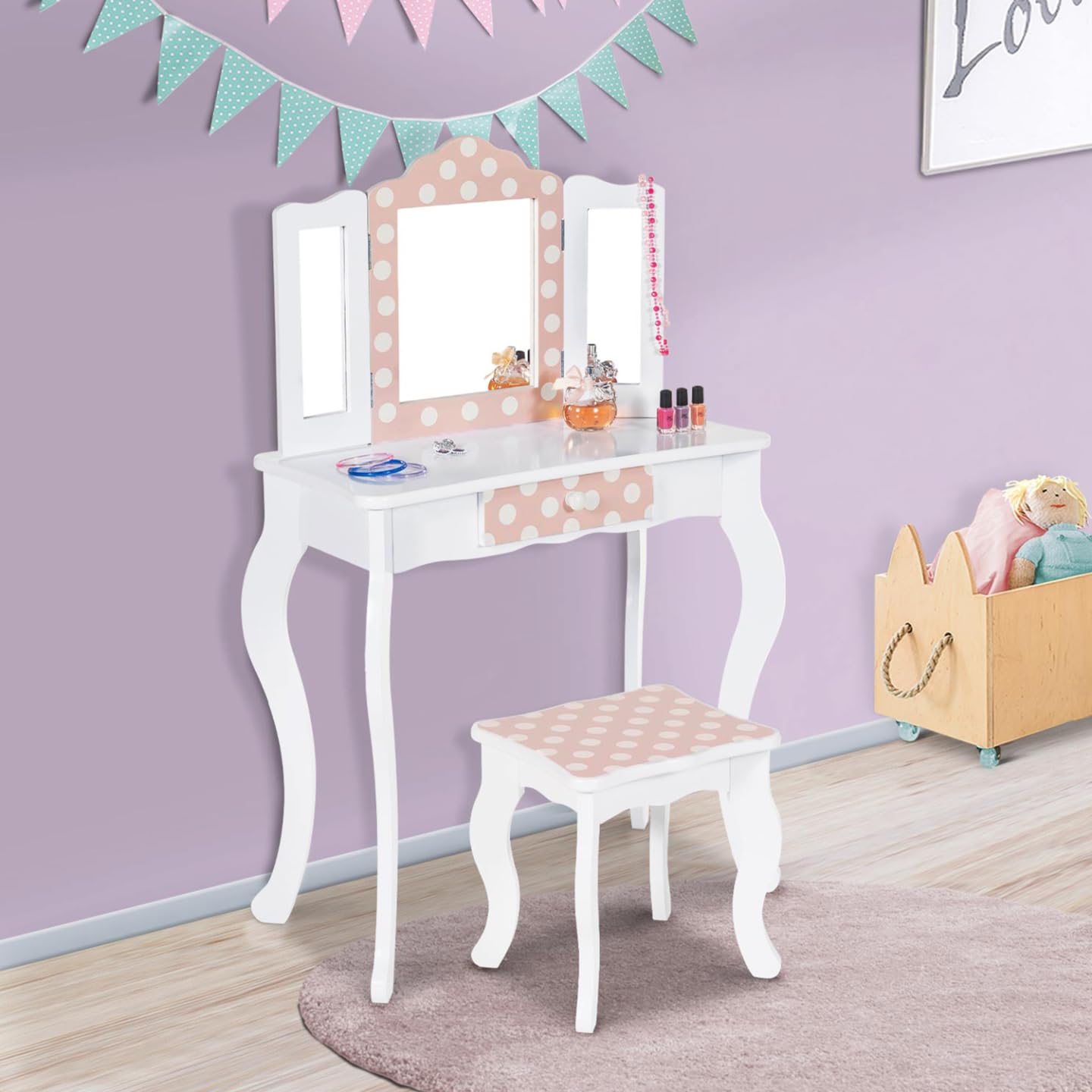 IDMarket - Tocador infantil Roza blanco y rosa con 3 espejos y taburete