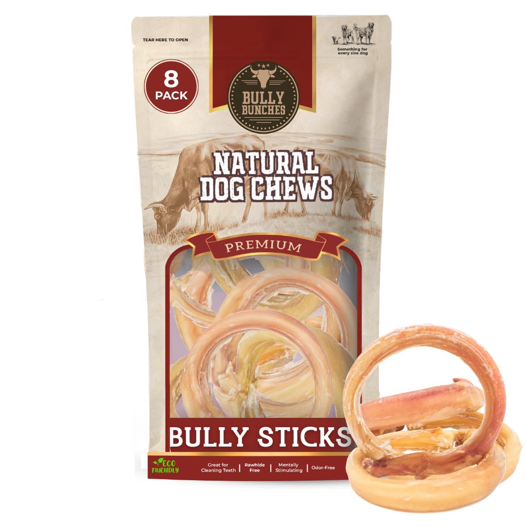 Bully Bunches All Natural Bully Stick Rings - Odour Free, Rawhide Free, Chemical Free - Long Lasting Beef Dog Chews - Fully Digestible Treat, Pack of 8 (Small Bully Stick Rings)