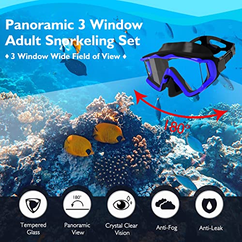 Piyazi Snorkeling Gear For Adults, 3 Window Panoramic Snorkel Mask And Dry Top Snorkel Set, Anti-Fog Tempered Glass Scuba Diving Package With Travel Bag Ear Plug For Snorkeling Scuba Diving Swimming #TOP1