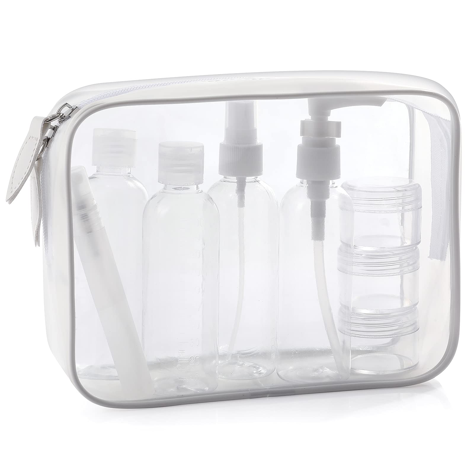 Beauty Case da Viaggio, MOCOCITO Trousse Trasparente + 8 Bottiglie(Massimo 100 ml) + Volo Borsa da Toilette Viaggio Custodia Trucco(20x20cm), Approvata Dai Regolamentazioni UE & UK