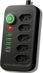 Filtro de Linha Bivolt 5 Tomadas com 4 USB e 1 Porta Tipo-C, Cabo Reforçado 1,9 m, 2500W, Protetor de Surtos e Raios, Extensão Elétrica para Casa, Escritório e Setup Gamer com Carregamento RápidoExtra