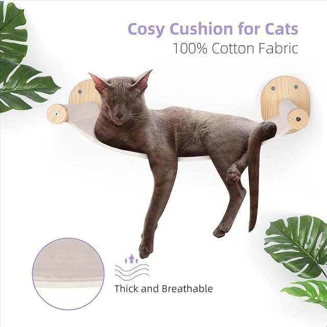 Foto 6 de 7 de Pared para gatos con zona de noche, hamaca de madera natural, rascador de sisal