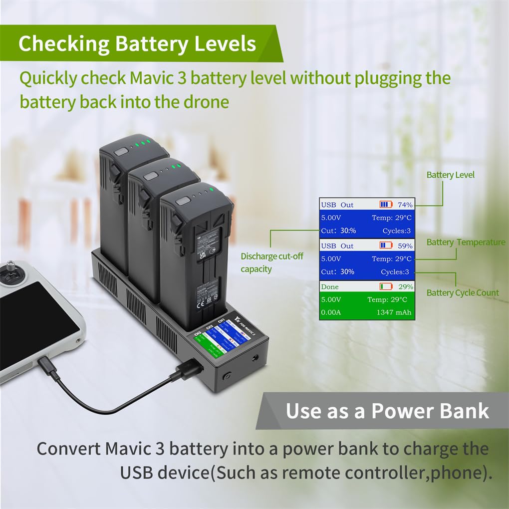 Station De Charge 6 En 1 Pour DJI Mavic 3 - Chargeur 4 Batteries + 2 USB - Écran LCD - Modes 100% Et 60%