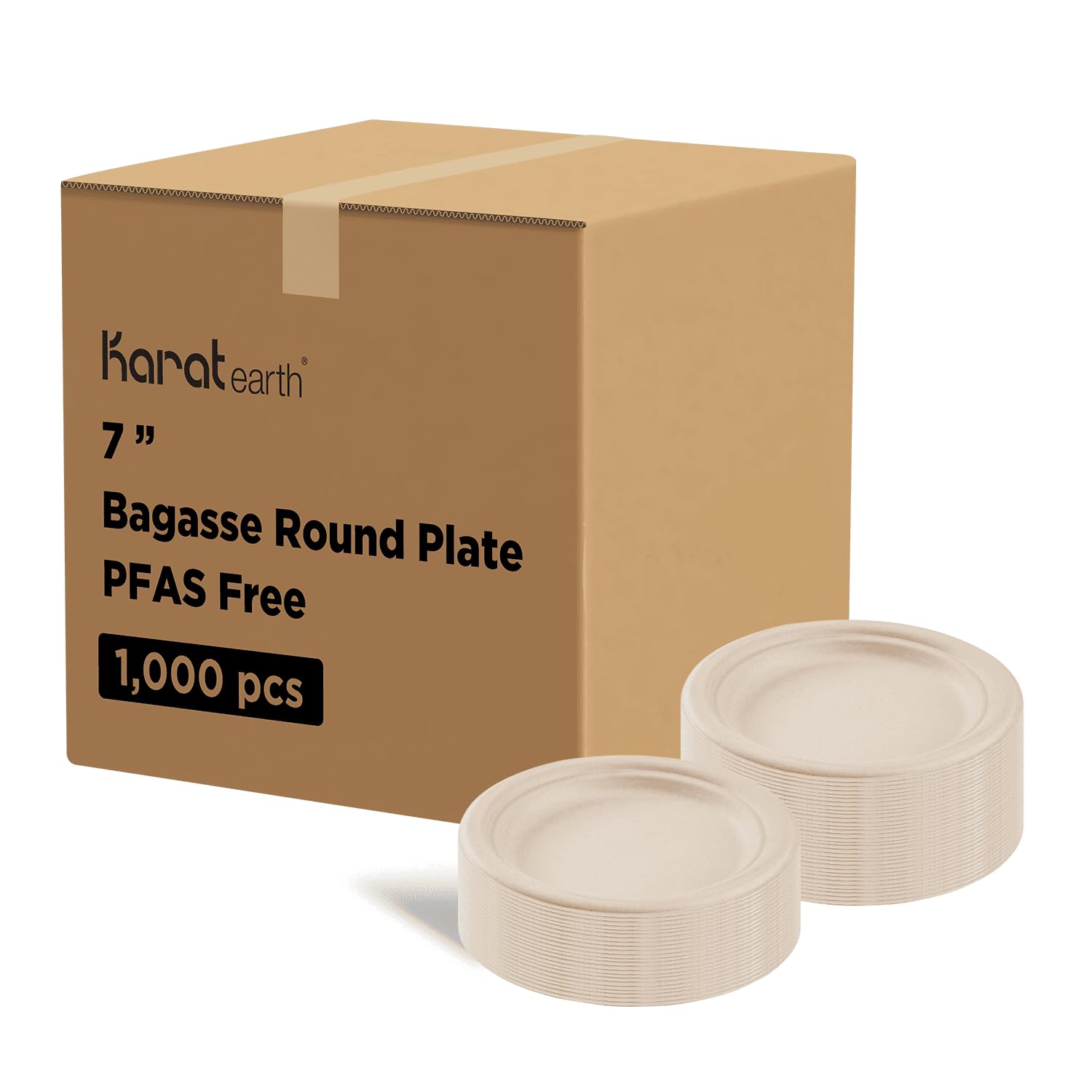 KARAT EARTH 7'' PFAS Free Compostable Bagasse Round Plates, Natural, Case of 1,000