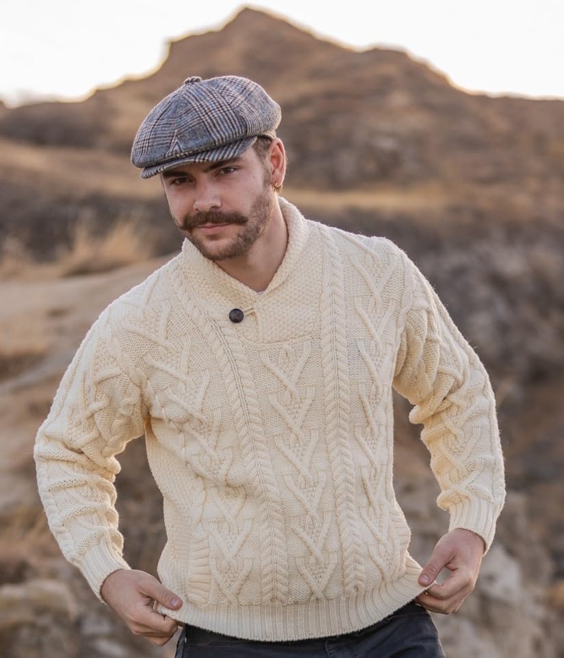 100% Merino Wool Men's Shawl Collar Single Button Irish Cable Knit Sweater Knitwear with Pockets - Image 7