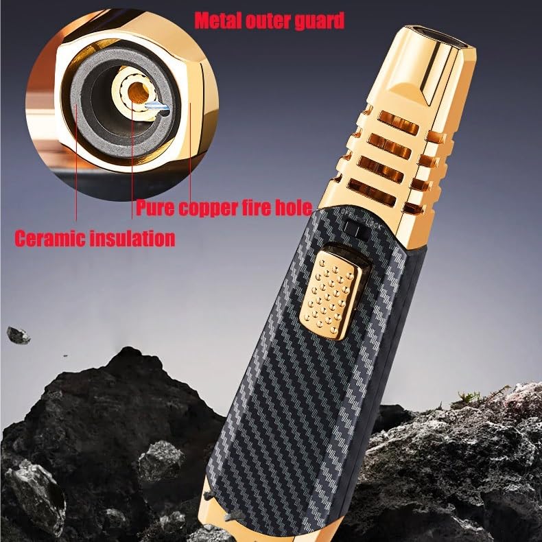 Briquet Torche, coupe-vent à flamme réglable, rechargeable au gaz butane pour cuisine, extérieur, camping, barbecue – Verrou de sécurité inclus
